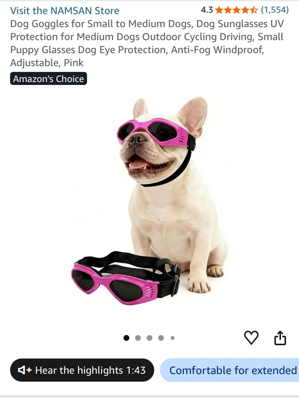 Pink Dog Goggles UV Antiglare Anti Fog Wind Proof Protective Sunglasses NWT